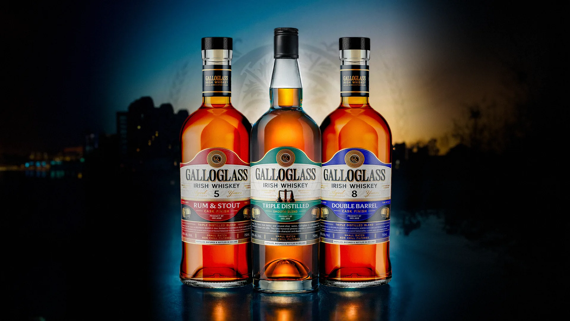 Three bottles of Galloglass Irish Whiskey: 5 Year Rum & Stout, Triple Distilled, and 8 Year Double Barrel